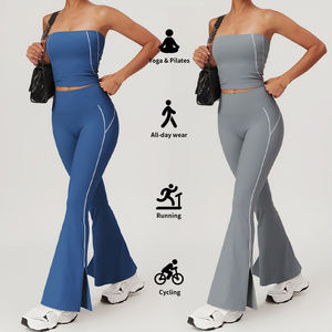 Women's 2 Piece Yoga Set High Waist <b>Flared</b> <b>Leggings</b> Solid Color Seamless Spaghetti Strap Crop Top All Day Support - Product Image 4