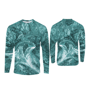 Chemise de pêche à manches longues pour homme, imprimé numérique, protection anti-UV UPF 50, motif vague turquoise, séchage rapide, logo frontal, pull-over - Product Image 1