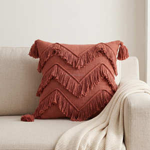 Funda de cojín decorativa con diseño de chevron y borlas, estilo bohemio, texturizada, para sofá, 50 × 50 cm - Product Image 1