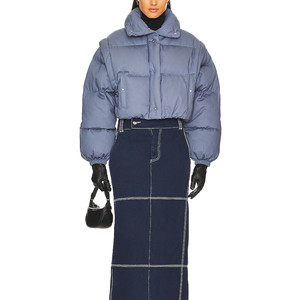 Wholesales Price <b>Women</b> Winter <b>Cropped</b> Blue <b>Puffer</b> <b>Jacket</b> Puff Sleeve Turn-Down Collar Front Pocket Quilted Winter Coat - Product Image 1