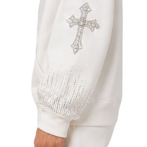 Sweat-shirt oversize blanc pour femme avec motif croix en strass, en molleton de coton premium, pull décontracté pour l'hiver, streetwear - Product Image 5