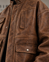 Veste chemise zippée en cuir marron délavé surdimensionnée pour homme, en cuir de mouton, style streetwear, coupe décontractée, vêtement d'extérieur décontracté