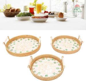 Ensemble de 3 plateaux ronds en rotin avec poignées, plateaux de table basse bohèmes, paniers décoratifs multifonctionnels en osier tressé, plateaux de service - Product Image 6