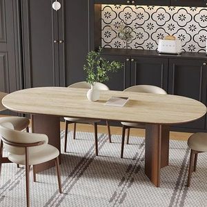 Juego de Mesa de Comedor Ovalada de Madera de Teca Moderna con Sillas Tapizadas, Diseño Minimalista Elegante, Base de Madera Sólida - Product Image 2