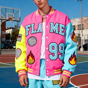Veste universitaire streetwear en gros pour hommes, en laine avec manches en cuir, style baseball, broderie hip-hop, veste d'automne - Product Image 1