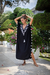 Black V-neck Spaghetti Strap Floor-Length 100% Cotton Knitted Eco-Friendly Floral Print Natural Waist Bohemian Kaftan Beachwear - Product Image 5
