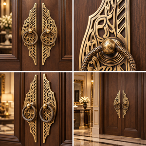 Poignée de porte gothique ornée en laiton avec plaque de support ajourée en forme de feuille et anneau de préhension pour l'entrée de grandes villas et hôtels - Product Image 6