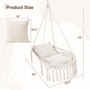 Sedia Sospesa Boho in Macramè Beige con 2 Cuscini Imbottiti, Capacità 150 kg, Amaca per Interni ed Esterni, Camera da Letto, Patio, in Cotone e Materiale PE - Product Image 4