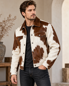 Veste en cuir de vachette à patchwork marron et blanc pour homme, col rabattu, boutons, veste décontractée - Product Image 1