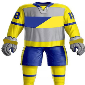 Conjunto de Uniforme de Hockey para Hombre, Jersey y Pantalones Cortos Amarillos, Azules y Grises, Talla 18, Impresión por Transferencia de Calor, Transpirable, 100% Poliéster, Sin Costuras para Adultos - Product Image 3