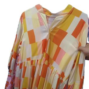 Blusa holgada de manga larga con bloque de Color a cuadros amarillo naranja para mujer, ropa de resort de verano, suministro al por mayor, Top de moda - Product Image 1