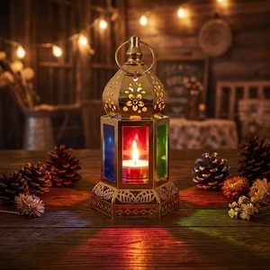 Imperial <b>Gold</b> Metal Moroccan <b>Lantern</b> with Multicolor Glass Panels Decorative Candle Holder for Ramadan Home Table Decor - Product Image 3