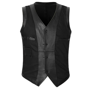 Men's Plus Size Black Leather V-neck Vest With Button Closure Casual Outerwear Autumn Style Solid Color Woven Material - Product Image 2