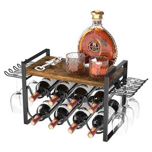 Moderno Porta Botellas de Vino de Metal Negro con Tapa de Madera para Encimera de Cocina, Estante para Copas y Botellas - Product Image 1