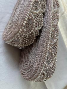 Rose Gold Scalloped Pearl Lace Trim Embroidered Beaded Mesh Ribbon <b>for</b> Bridal <b>Wedding</b> Dress Luxury Garment Border Wholesale - Product Image 2