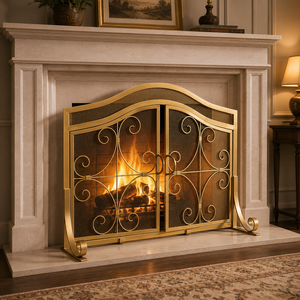 Arched Scroll Metal Fireplace <b>Screen</b> Double Panel Spark Guard with Fine Mesh Protective Folding Hearth <b>Cover</b> - Product Image 1