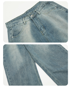 Jean en denim droit taille haute pour homme, bleu clair, délavé, coupe classique, style streetwear, 100 % coton, avec poches - Product Image 5