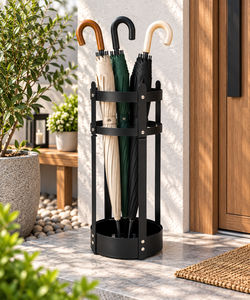 Modern <b>Black</b> Metal Freestanding Umbrella Stand with 12-Capacity <b>All</b>-<b>in</b>-<b>One</b> Art Design Indoor Drip Tray Holder - Product Image 3