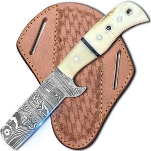 Couteau de boucher western plein pied en acier Damas avec étui en cuir pour la chasse et le camping - Product Image 4