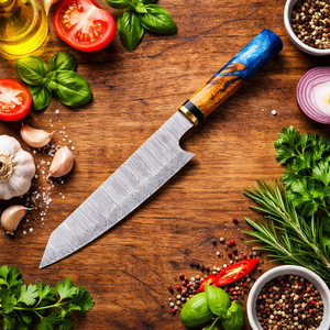 Cuchillo de Cocina Japonés Hecho a Mano con Hoja de Acero de Damasco y Funda de Cuero Premium, Mango de Madera y Resina para Chefs - Product Image 2