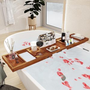 <b>Wooden</b> Bathtub Caddy Tray Expanding <b>Bath</b> <b>Board</b> Organizer Wine Glass Tablet Holder For Luxury Spa Bathroom Decor Wholesale - Product Image 2