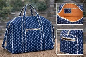 Women's Large Designer Weekender Duffle <b>Bag</b> New Hand Block Printed Cotton Quilt Zip Closure Top Handle Sporty Travel <b>Accessories</b> - Product Image 5