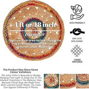Alfombra Redonda de Yute con Patrón de Mandala Colorido, Ecológica, con Detalles Trenzados de Arcoíris, para Decoración Bohemia, Festiva o Rústica - Product Image 2