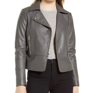Women's Genuine Leather Moto Jacket Stand Collar Full Sleeve <b>Zipper</b> Closure Autumn Regular Length Solid Color - Product Image 5