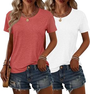 Camiseta de Manga Corta con Cuello Redondo para Mujer, Color Sólido, Corte Regular, 100% Algodón Jersey, Estilo Casual, Transpirable, para Primavera y Verano - Product Image 1