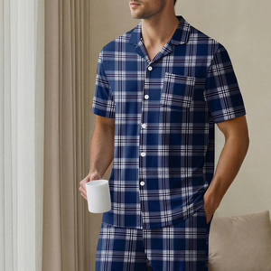 Conjunto de pijama de algodón a cuadros para hombre, ropa de dormir informal de franela para niños, ropa de dormir transpirable de secado rápido, conjunto de noche cómodo para verano - Product Image 5