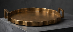 Custom Round Gold Metal Serving <b>Tray</b> <b>Handle</b> Finish Platter <b>With</b> Scalloped Edge Elegant Tableware For Wholesale Bulk Supply - Product Image 3