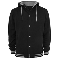 Veste varsity noire pour homme avec capuche, bordure blanche, boutons sur le devant, vêtement décontracté pour l'automne