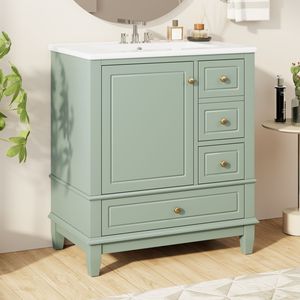<b>Light</b> Green 30\" Bathroom <b>Vanity</b> with Sink One Door and Shelf Three Soft Close Drawers - Product Image 6