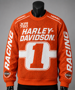 เสื้อสเวตเชิ้ตผู้ชาย H-D สีส้ม ผ้าตาข่ายพิมพ์ลายซับลิเมชั่น พร้อมลายหมายเลข 1 ดีไซน์สำหรับนักแข่ง ระบายอากาศได้ดี ผลิตจากโพลีเอสเตอร์ สไตล์สปอร์ต คอกลม - Product Image 3