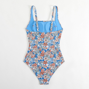 Maillot de bain une pièce OEM pour femme, imprimé floral, dos croisé, à lacets, froncé, effet ventre plat, style licou, couleur unie, pour l'été - Product Image 6