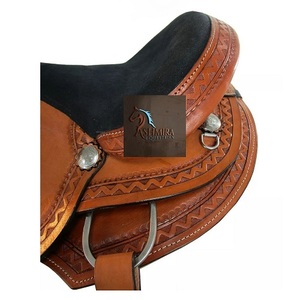 Tan Leather Western Barrel Horse Saddle With Floral Hand Carved Black Suede Seat Metal Conchos With Tack Set 10"-18" Inch LLT - Product Image 2