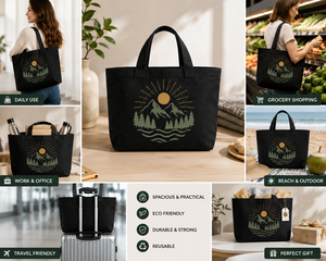 Sac fourre-tout en toile noire avec imprimé soleil de montagne, design minimaliste, sac de shopping et de voyage toutes saisons, fermeture personnalisée - Product Image 5