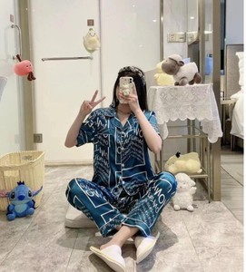 Women's Short Sleeve Pajama Set Cotton Letter Print Casual Sleepwear Summer Full Length <b>Turn</b>-down Collar Button Fly - Product Image 1