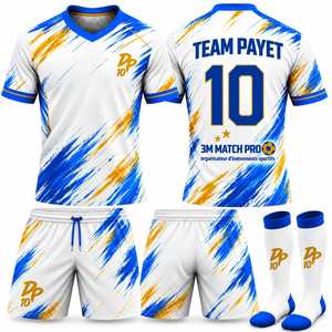 ชุดฟุตบอลสั่งทำพิเศษ สีขาวน้ำเงิน พิมพ์ลายแบบซับลิเมชั่น ชุดทีมแขนสั้น กางเกงขาสั้น ถุงเท้า 100% - Product Image 3