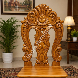 Chaise de salle à manger de luxe en bois massif, artisanale, avec sculpture ornée de roses, dossier haut, assise en bois fini. - Product Image 2