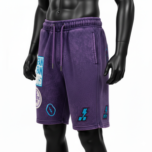 Shorts homme en molleton de coton premium 340 GSM, délavé à l'acide, violet, avec broderie multi-patch et logo. - Product Image 4