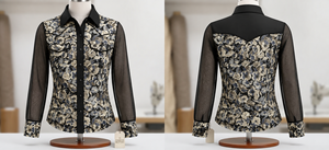 Women's Floral Print Western Shirt With <b>Black</b> <b>Mesh</b> <b>Sleeves</b> Button Front Equestrian Show <b>Top</b> - Product Image 2