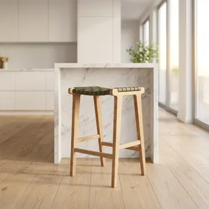 Tabouret de bar en teck de style mid-century avec assise en cuir tressé, chaise de salle à manger écologique et durable pour la maison - Product Image 6