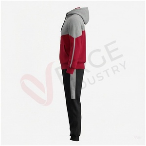 Conjunto Deportivo con Capucha para Hombre, Color Gris y Rojo, Bloques de Color, Manga Larga, Cierre Frontal con Cremallera, Bolsillos Laterales, Ropa Casual de Otoño - Product Image 3
