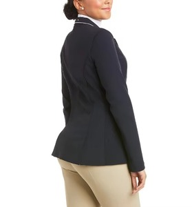Chaqueta de Equitación Personalizada para Mujer, Color Azul Marino, con Bolsillos con Cremallera y Ribete Blanco, para Competencia, OEM - Product Image 3