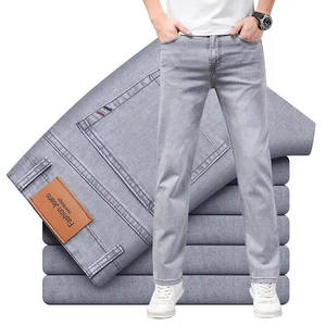 Jean en denim délavé coupe droite pour homme, taille mi-haute, décontracté, gris clair, en coton respirant - Product Image 6