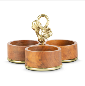 Luxury Wooden <b>Condiment</b> Bowl Set with Brass Handle Triple Serving <b>Tray</b> Dry Fruit Snack Holder Table Decor Stand - Product Image 1