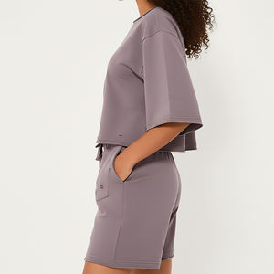 Ensemble décontracté 2 pièces pour femme, crop top et short, coupe oversize à épaules tombantes, au-dessus du genou, couleur unie, Spandex + Coton, Vente chaude - Product Image 6