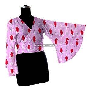 2026 Women's 100% Cotton Wrap Tie Dress Beach Wear Block Print Decoration Ladies Natural For Beach Part Wear Women <b>Top</b> - Product Image 6