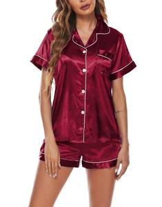 OEM Custom Summer Women's Sleepwear Short Sleeve Nightwear Silk <b>Pajamas</b> <b>Suit</b> Custom Logo Two Piece Satin <b>Pajama</b> Set for Women - Product Image 2